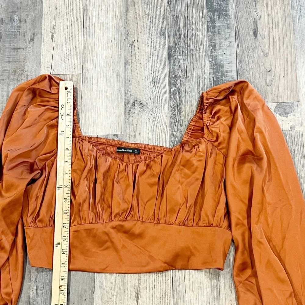 Abercrombie & Fitch Rust Orange Satin Ruched Balloon Sleeve Crop Top | Size XL - Picture 6 of 6